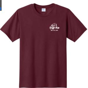 Shirts – Short Sleeve<br>(Example color only)<br>Men’s T and Women’s V-neck<br>2026 color is maroon with white lettering/designs